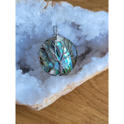 Pendentif Nacre Abalone et arbre de vie, forme ronde