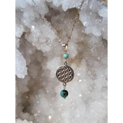 Collier Fleur de vie argent et Turquoise