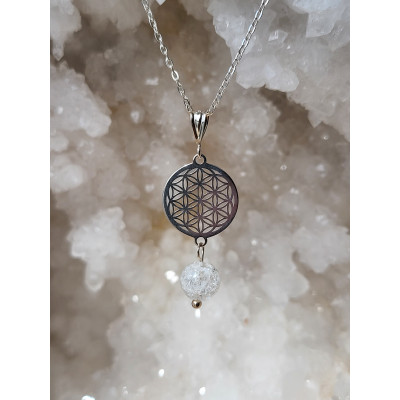 Collier Fleur de vie argent et cristal de roche craquelée