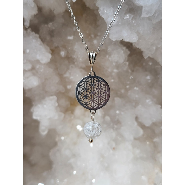 Collier Fleur de vie argent et cristal de roche craquelée