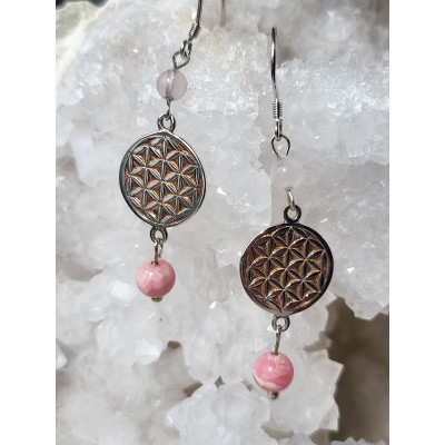 Boucles d'oreilles fleur de vie et Rhodonite