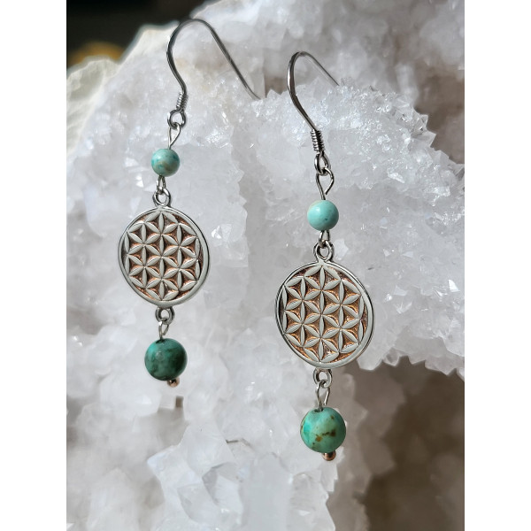 Boucles d'oreilles fleur de vie et turquoise
