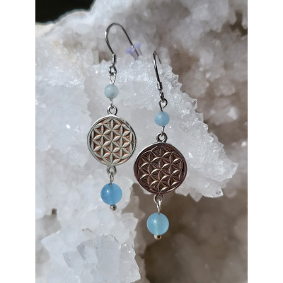 Boucles d'oreilles fleur de vie et Aigue marine