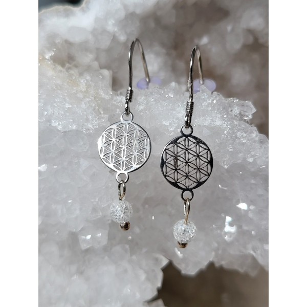 Boucles d'oreilles fleur de vie et cristal de roche craquelé