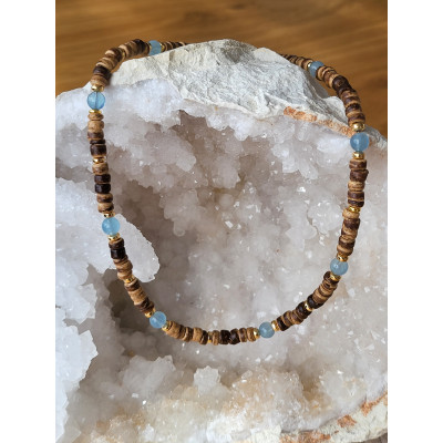 Collier en bois de coco et Aigue marine