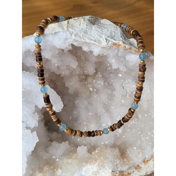 Collier en bois de coco et Aigue marine