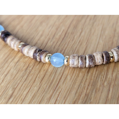 Collier en bois de coco et Aigue marine