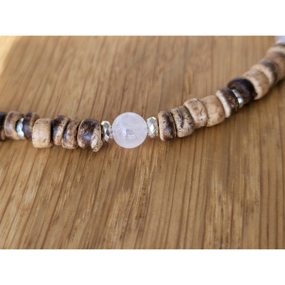 Collier en bois de coco et Quartz rose