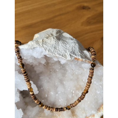 Collier en bois de coco et Oeil de tigre