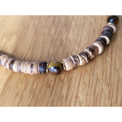 Collier en bois de coco et Oeil de tigre