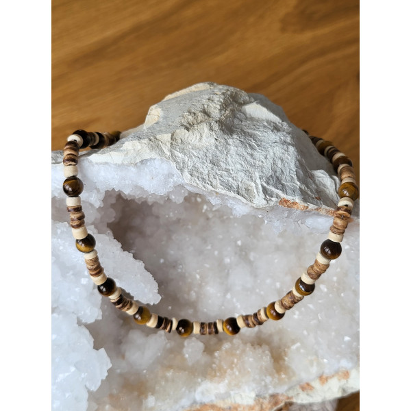 Collier en bois de coco et Oeil de tigre