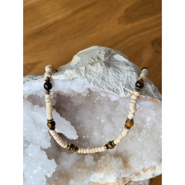 Collier en bois de coco et Oeil de tigre