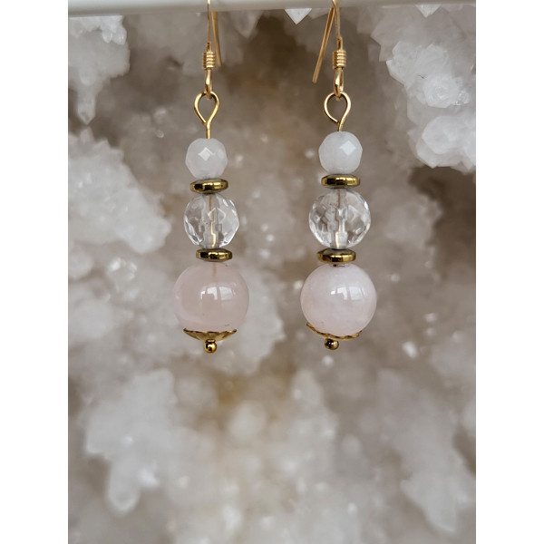 Boucles d'oreilles Gold Filled, Quartz rose et Quartz blanc faceté