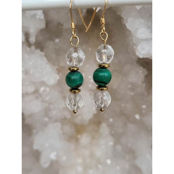 Boucles d'oreilles Gold Filled Quartz blanc facetté et Malachite