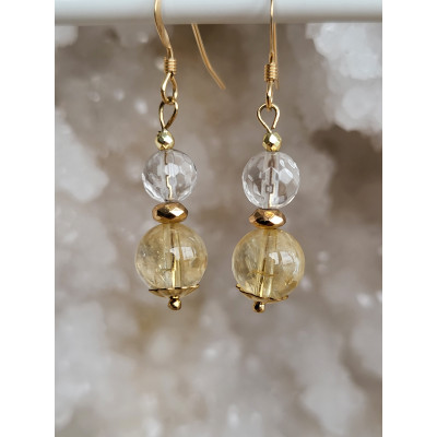 Boucles d'oreilles Gold Filled, Citrine et Quartz blanc facetté