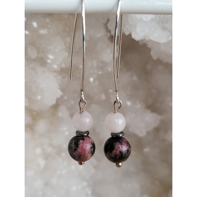 Boucles d'oreille argent, Rhodonite et Quartz rose
