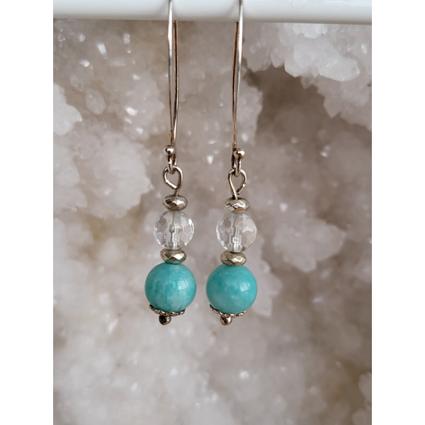 Boucles d'oreilles argent, Amazonite et Cristal de roche facetté