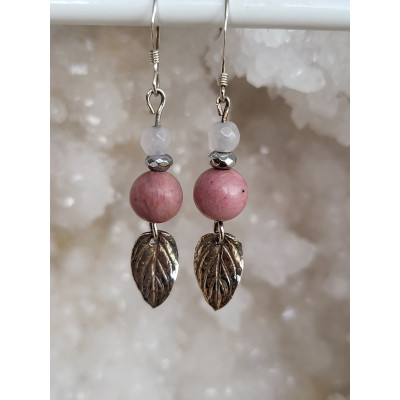 Boucles d'oreilles argent, Rhodonite et Quartz rose
