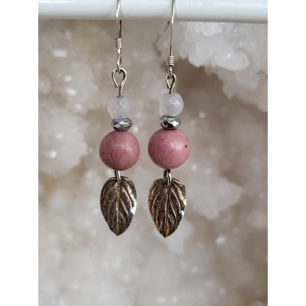 Boucles d'oreilles argent, Rhodonite et Quartz rose