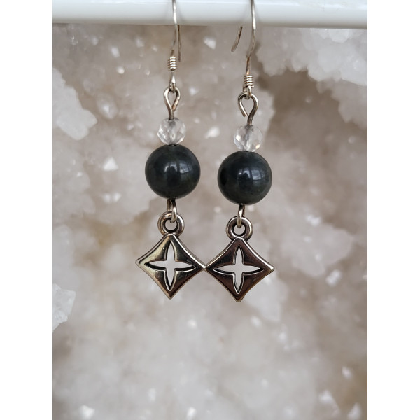 Boucles d'oreilles argent, Labradorite et Cristal de roche facetté