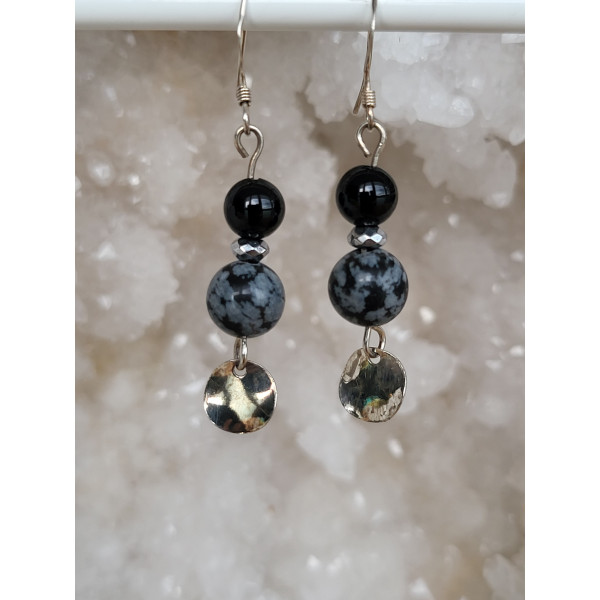 Boucles d'oreilles argent, Onyx et Obsidiennne mouchetée