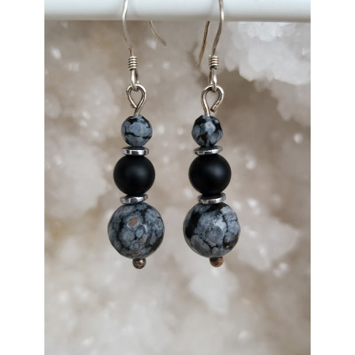 Boucles d'oreilles argent, Obsidienne mouchetée et Agate noire mate