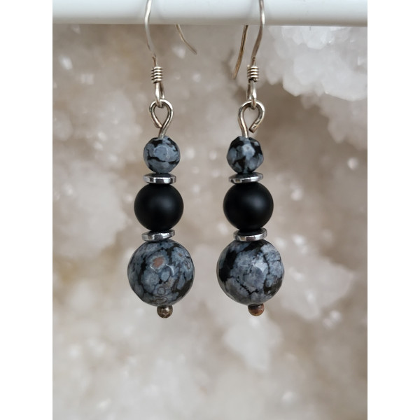 Boucles d'oreilles argent, Obsidienne mouchetée et Agate noire mate