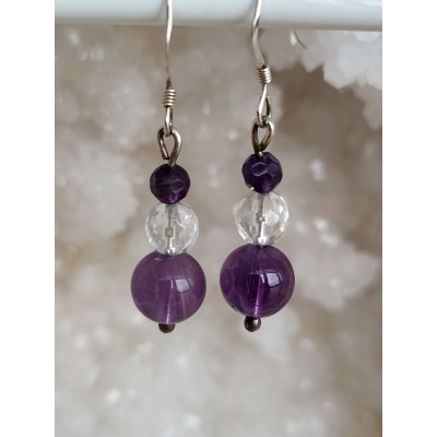 Boucles d'oreilles argent, Améthyste et Cristal de roche facetté