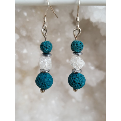 Boucle d'oreilles argent, Pierre de lave teintée en bleu et Cristal de roche craquelé