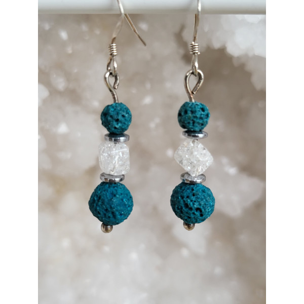 Boucle d'oreilles argent, Pierre de lave teintée en bleu et Cristal de roche craquelé