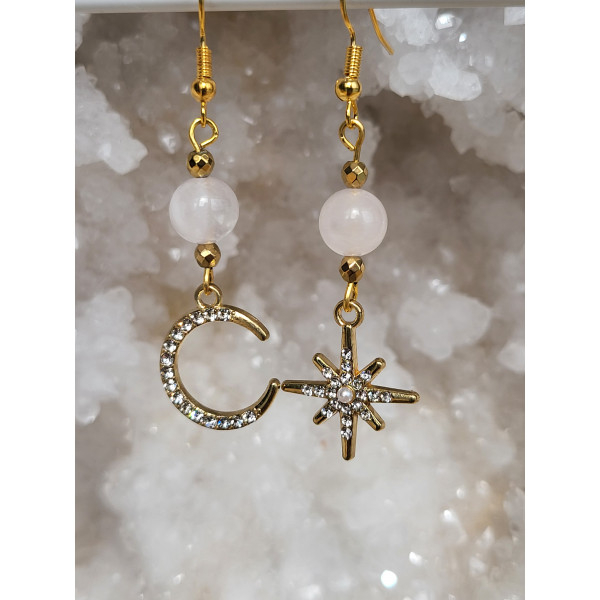 Boucles d'oreilles acier inoxydable doré et Quartz rose