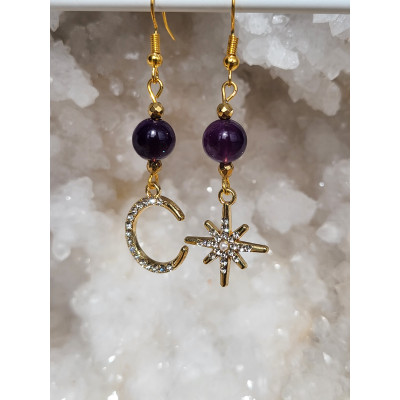 Boucles d'oreilles acier inoxydable doré et Améthyste