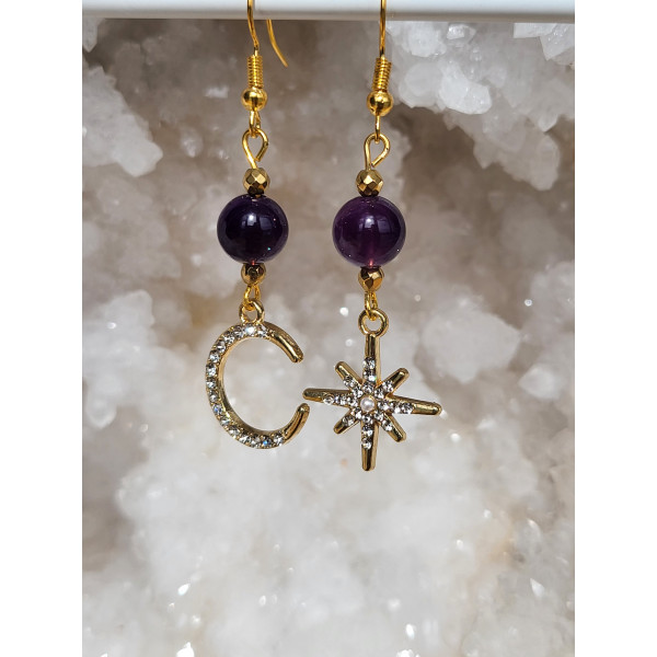 Boucles d'oreilles acier inoxydable doré et Améthyste