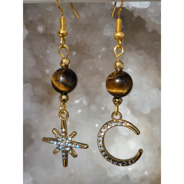 Boucles d'oreilles acier inoxydable doré et Oeil de tigre