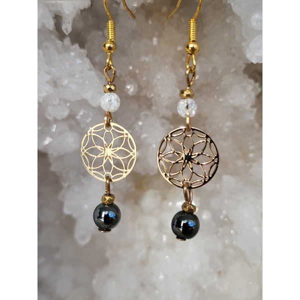 Boucles d'oreilles acier inoxydable doré, Cristal de roche craquelé et Hématite