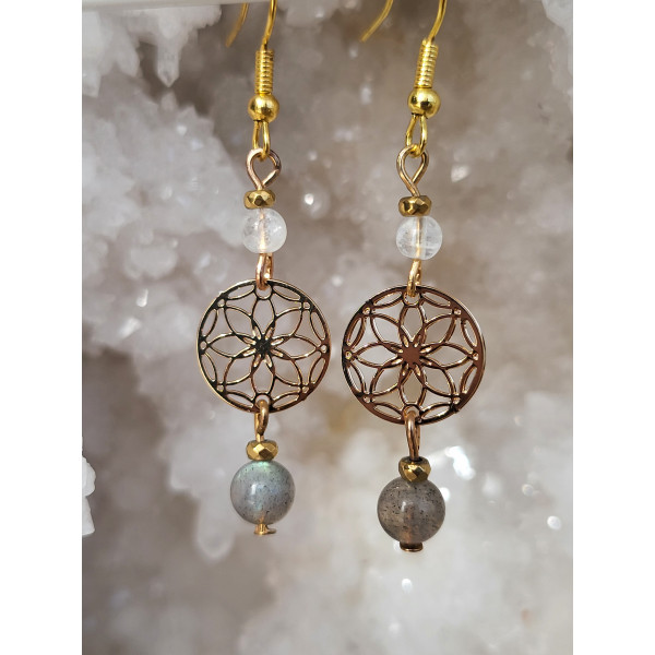 Boucles d'oreilles acier inoxydable doré, Cristal de roche craquelé et Labradorite