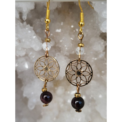 Boucles d'oreilles acier inoxydable doré, Cristal de roche craquelé et Grenat Almandin