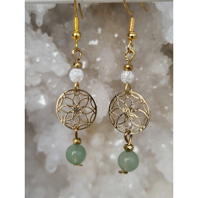 Boucles d'oreilles acier inoxydable doré, Cristal de roche craquelé et Aventurine