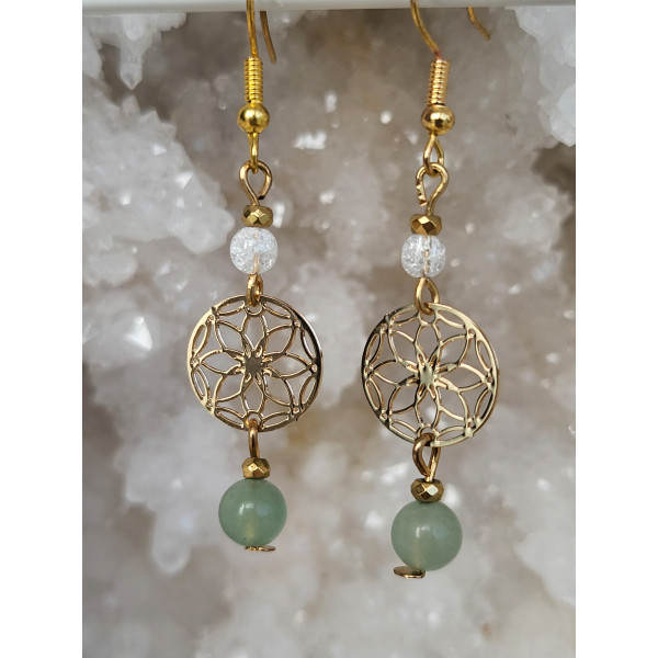 Boucles d'oreilles acier inoxydable doré, Cristal de roche craquelé et Aventurine