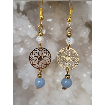 Boucles d'oreilles acier inoxydable doré, Cristal de roche et Angélite