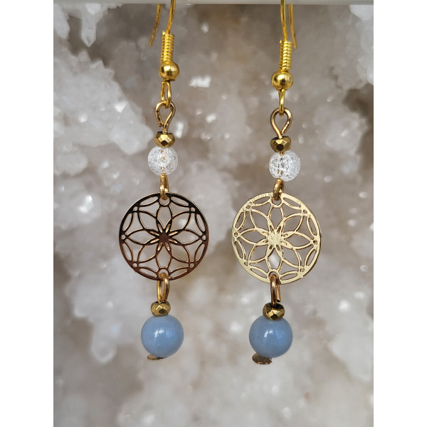 Boucles d'oreilles acier inoxydable doré, Cristal de roche et Angélite