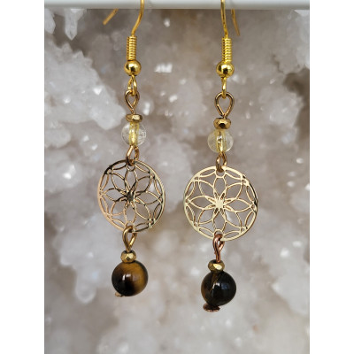 Boucles d'oreilles acier inoxydable doré, Citrine et Oeil de tigre