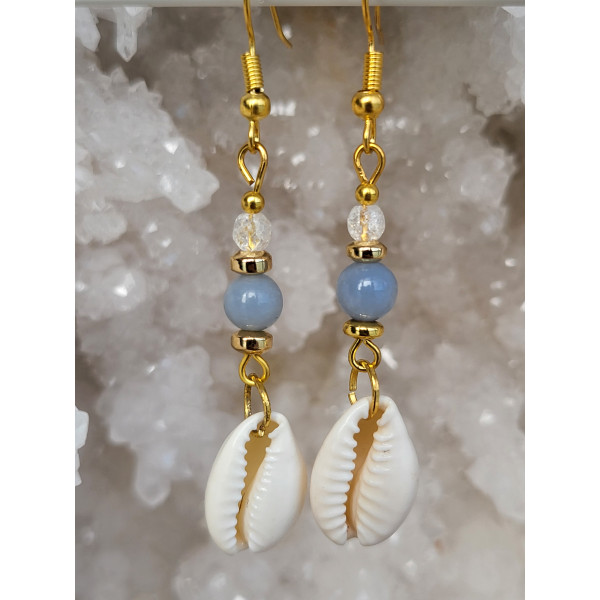Boucles d'oreilles acier inoxydable doré, Cauries, Cristal de roche craquelé et Angélite