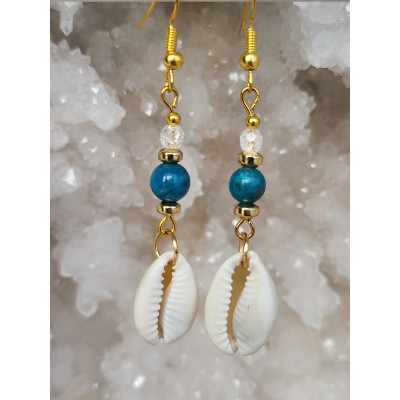 Boucles d'oreilles acier inoxydable doré, Cauries, Cristal de roche et Apatite