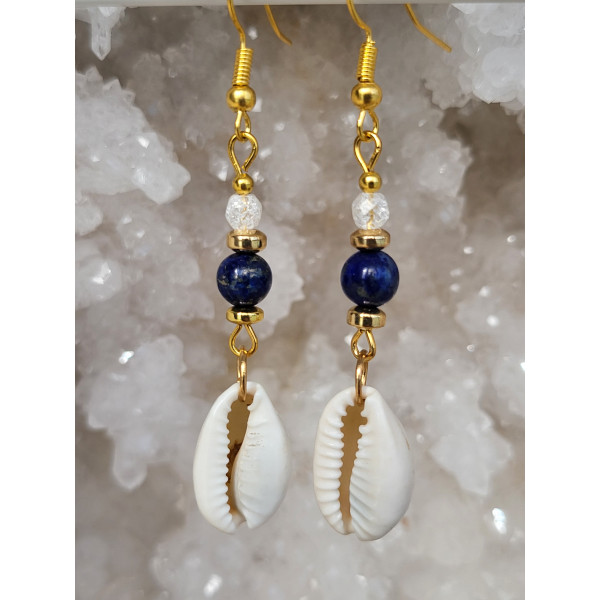 Boucles d'oreilles acier inoxydable doré, Cauries, Cristal de roche et Lapis lazuli