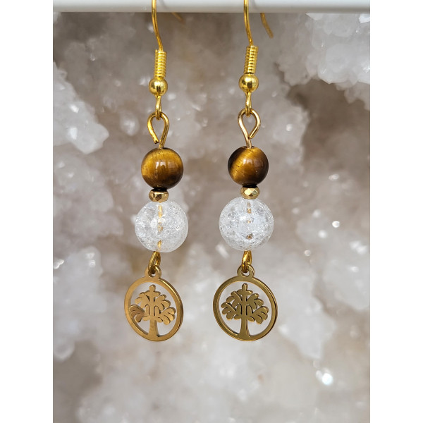Boucles d'oreilles acier inoxydable doré, Fleur de vie, Cristal de roche craquelé et Oeil de tigre