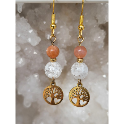 Boucles d'oreilles acier inoxydable doré, Arbre de vie, Cristal de roche craquelé et Pierres du soleil