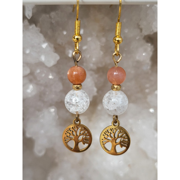Boucles d'oreilles acier inoxydable doré, Arbre de vie, Cristal de roche craquelé et Pierres du soleil