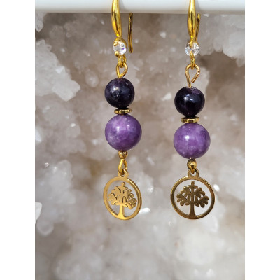 Boucles d'oreilles acier inoxydable doré, Arbre de vie et Lépidolite foncées et claires