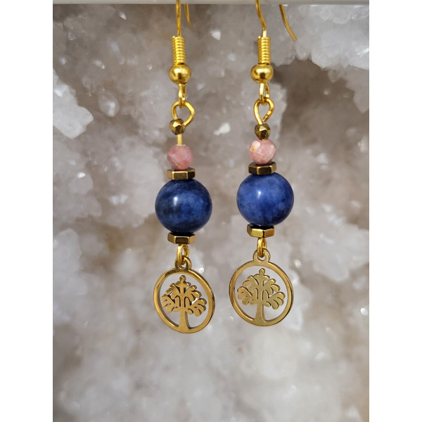 Boucles d'oreilles acier inoxydable doré, Arbre de vie, Pierres du soleil facettées et  Sodalite